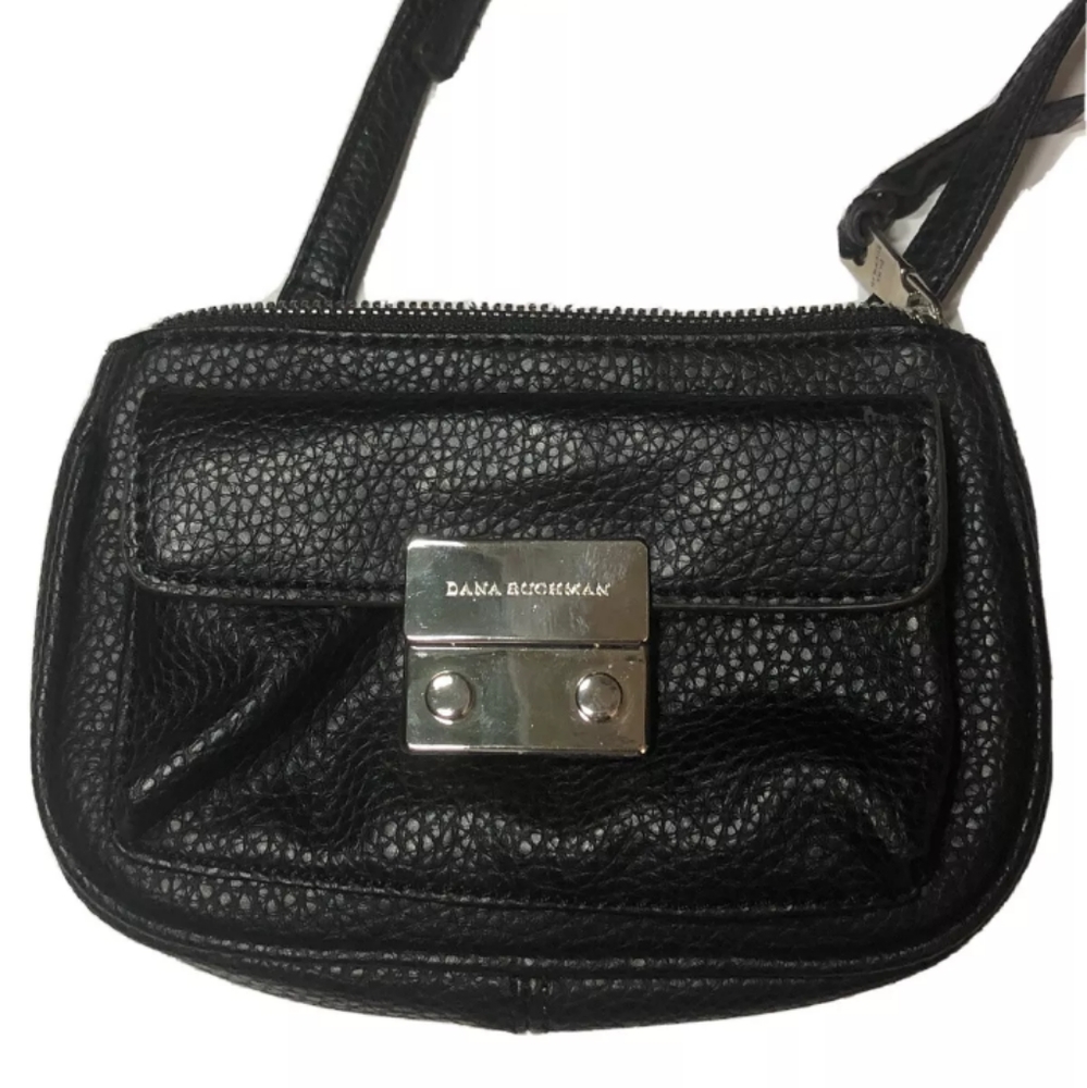Black DANA BUCHMAN Vegan Leather Crossbody 5”x 8” Fabulous Striped Lining